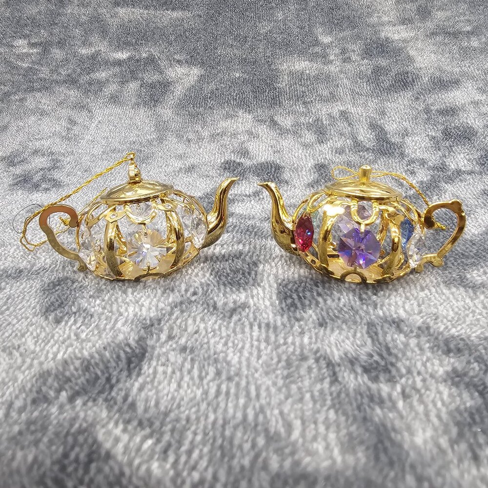 2 mascot international 24K Gold Plated Crystal tea pots christmas ornaments USA